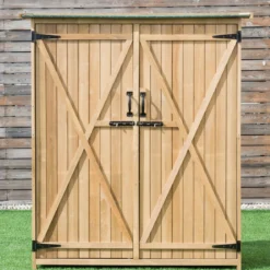 Gartenschrank aus Massivholz mit Schrägem Asphaltdach & Doppelt Türen & Regalen Gerätehaus