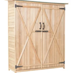 Gartenschrank aus Massivholz mit Schrägem Asphaltdach & Doppelt Türen & Regalen Gerätehaus