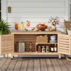 Gartenschrank aus Tannenholz Geräteschrank mit 2 Lamellentür & Arbeitsplatte aus Edelstahl 109 x 40,5 x 61,5 cm