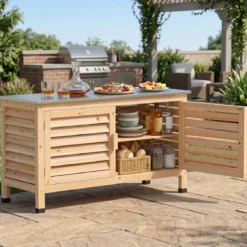 Gartenschrank aus Tannenholz Geräteschrank mit 2 Lamellentür & Arbeitsplatte aus Edelstahl 109 x 40,5 x 61,5 cm