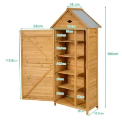 Gartenschrank Holz Geräteschuppen mit 5 Regalböden und Satteldach Outdoor Schrank Wetterfest 70 x 35,5 x 160 cm Natur