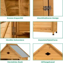 Gartenschrank Holz Geräteschuppen mit 5 Regalböden und Satteldach Outdoor Schrank Wetterfest 70 x 35,5 x 160 cm Natur