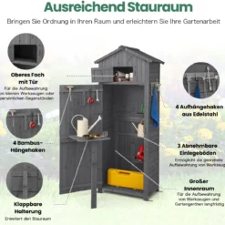 Gartenschuppen 180,5 cm hoher Geräteschrank für den Außenbereich mit abschließbaren Türen klappbarem Tisch Grau