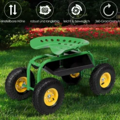 Gartensitz mit Rollen 360 ° drehbar höhenverstellbar Rollsitz mit Ablage & Korb Grün