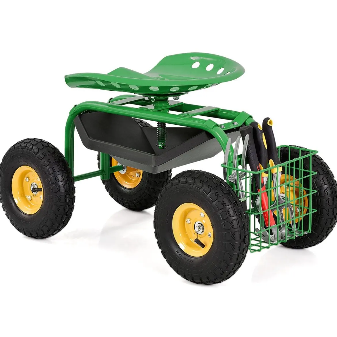 Gartensitz mit Rollen 360 ° drehbar höhenverstellbar Rollsitz mit Ablage & Korb Grün
