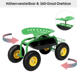 Gartensitz mit Rollen 360 ° drehbar höhenverstellbar Rollsitz mit Ablage & Korb Grün