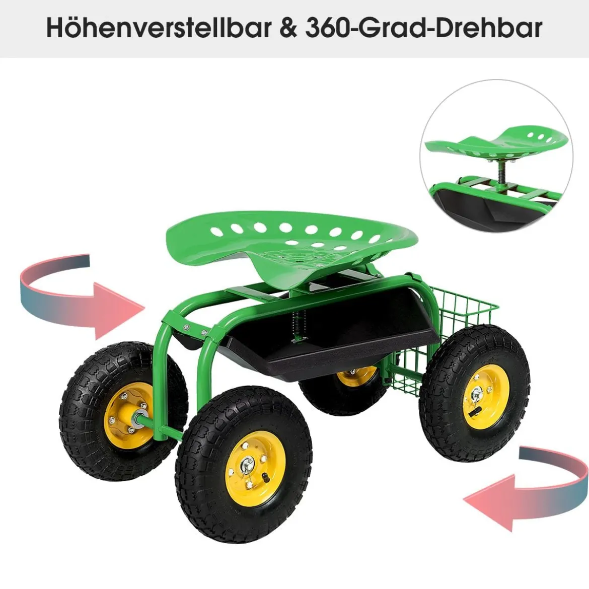 Gartensitz mit Rollen 360 ° drehbar höhenverstellbar Rollsitz mit Ablage & Korb Grün
