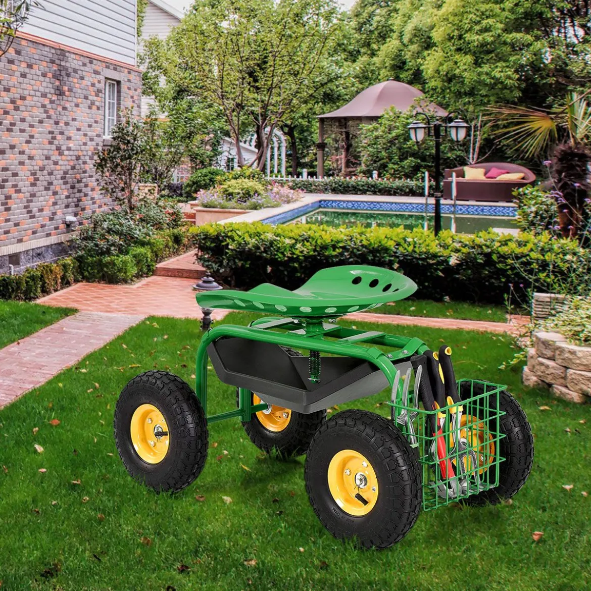 Gartensitz mit Rollen 360 ° drehbar höhenverstellbar Rollsitz mit Ablage & Korb Grün