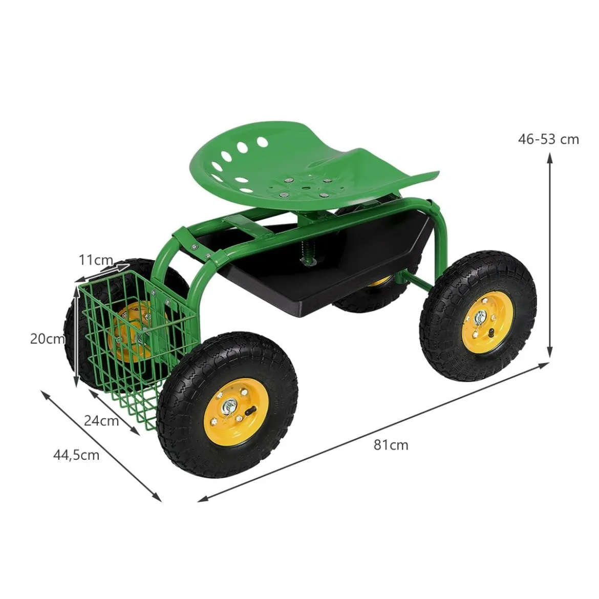 Gartensitz mit Rollen 360 ° drehbar höhenverstellbar Rollsitz mit Ablage & Korb Grün