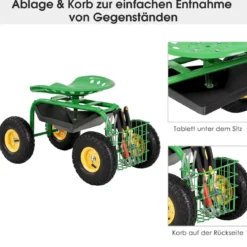 Gartensitz mit Rollen 360 ° drehbar höhenverstellbar Rollsitz mit Ablage & Korb Grün