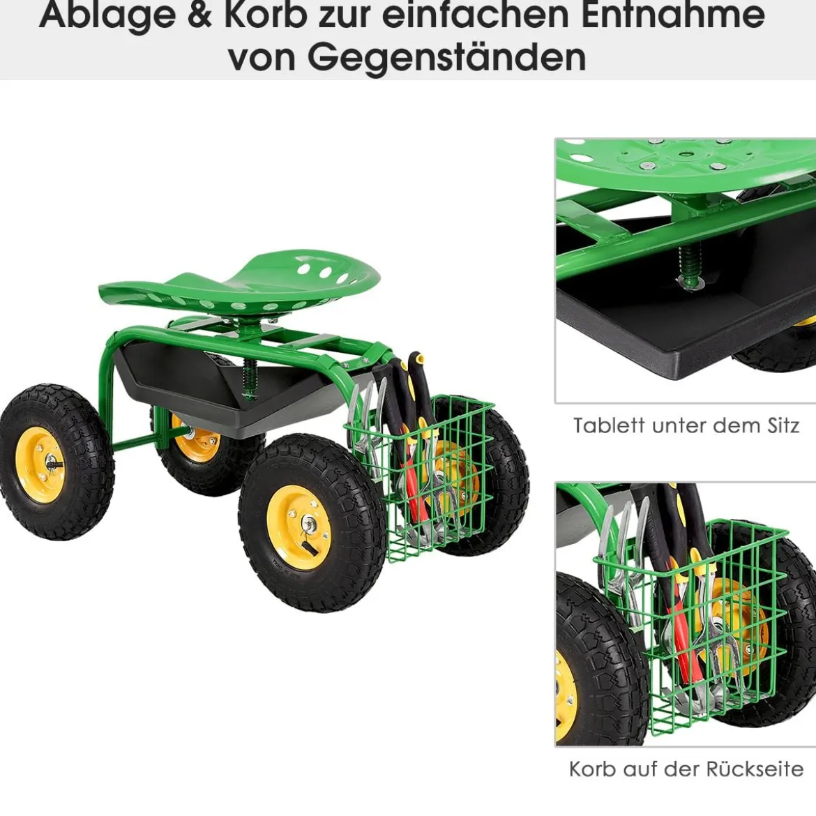 Gartensitz mit Rollen 360 ° drehbar höhenverstellbar Rollsitz mit Ablage & Korb Grün