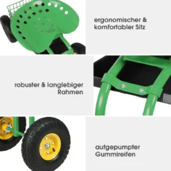Gartensitz mit Rollen 360 ° drehbar höhenverstellbar Rollsitz mit Ablage & Korb Grün