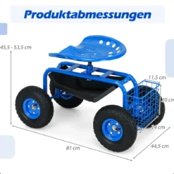 Gartensitz mit Rollen 360 ° drehbar höhenverstellbar Rollsitz mit Ablage & Korb Blau