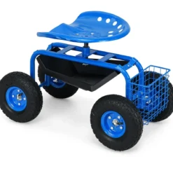 Gartensitz mit Rollen 360 ° drehbar höhenverstellbar Rollsitz mit Ablage & Korb Blau