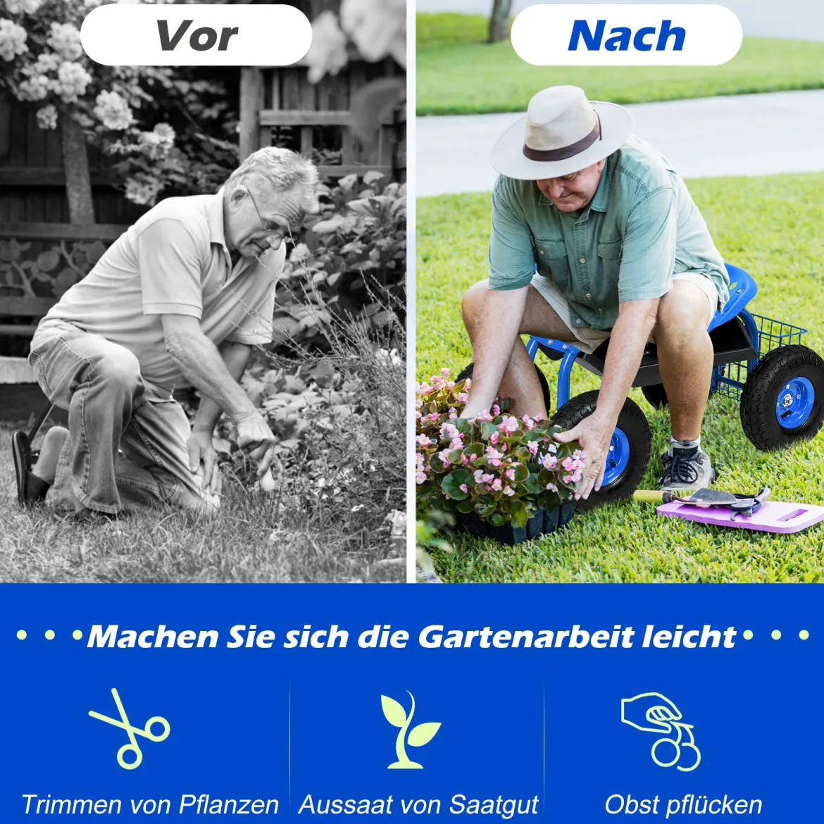 Gartensitz mit Rollen 360 ° drehbar höhenverstellbar Rollsitz mit Ablage & Korb Blau