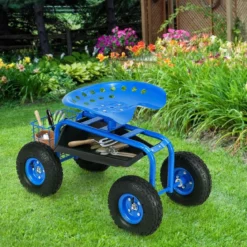 Gartensitz mit Rollen 360 ° drehbar höhenverstellbar Rollsitz mit Ablage & Korb Blau