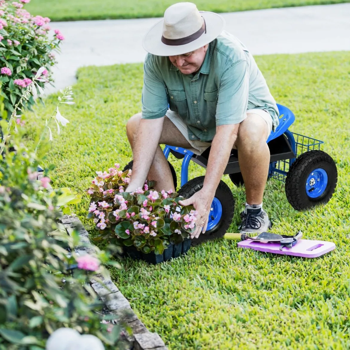 Gartensitz mit Rollen 360 ° drehbar höhenverstellbar Rollsitz mit Ablage & Korb Blau