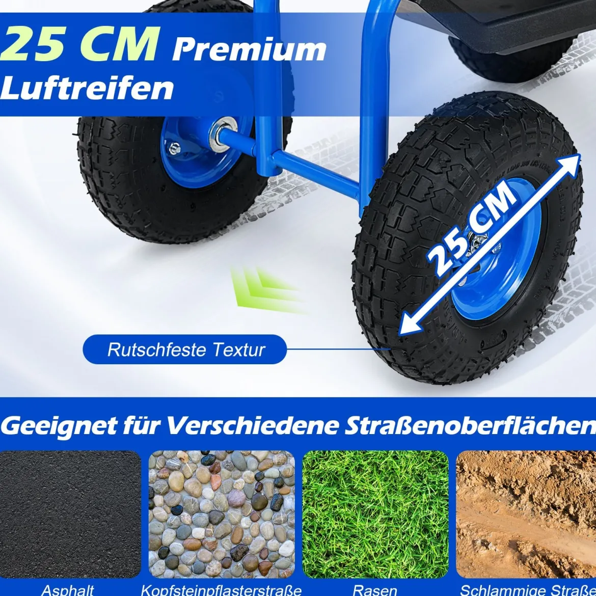 Gartensitz mit Rollen 360 ° drehbar höhenverstellbar Rollsitz mit Ablage & Korb Blau