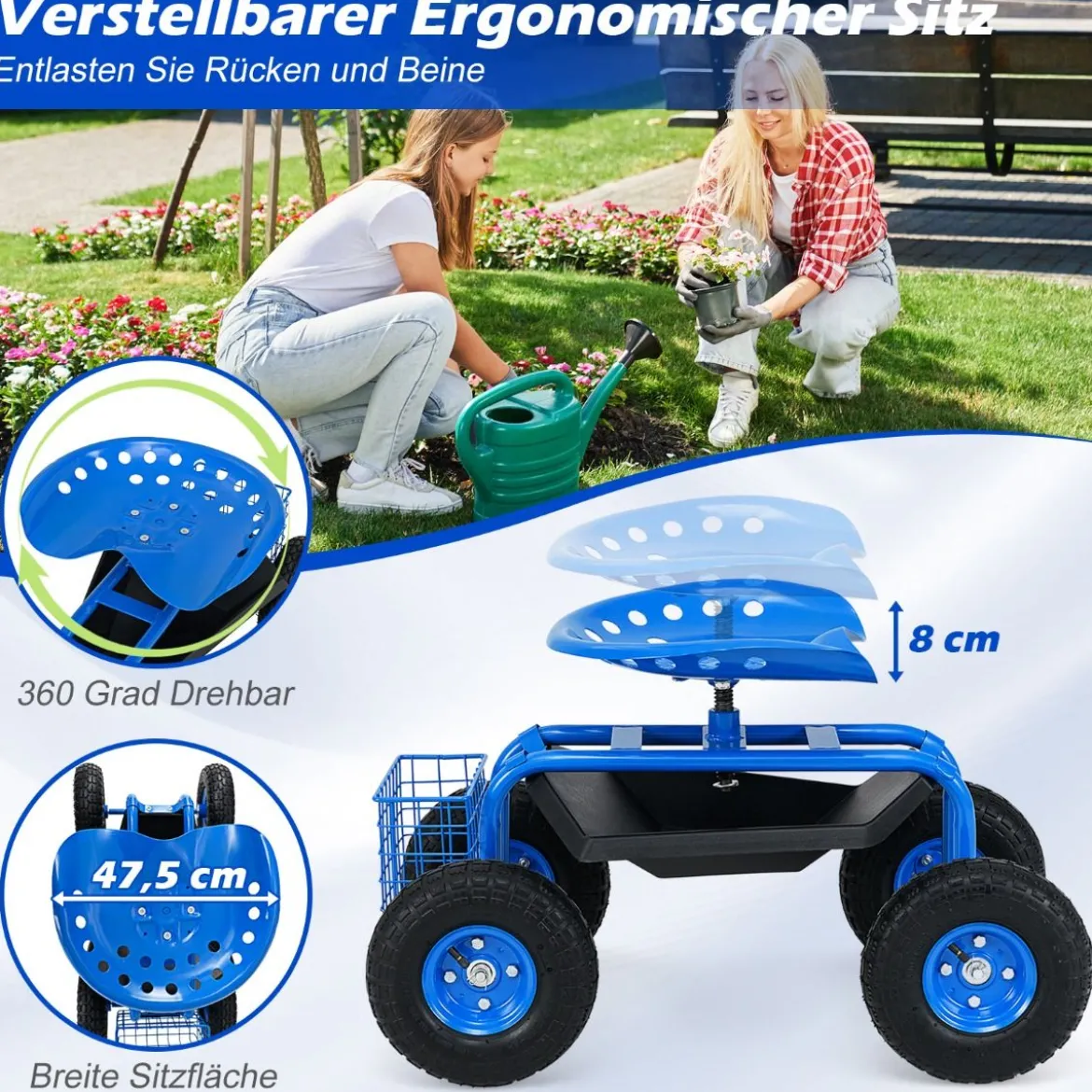 Gartensitz mit Rollen 360 ° drehbar höhenverstellbar Rollsitz mit Ablage & Korb Blau
