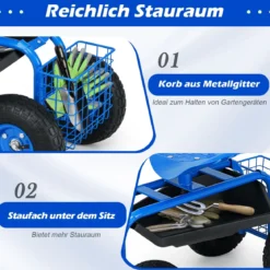 Gartensitz mit Rollen 360 ° drehbar höhenverstellbar Rollsitz mit Ablage & Korb Blau