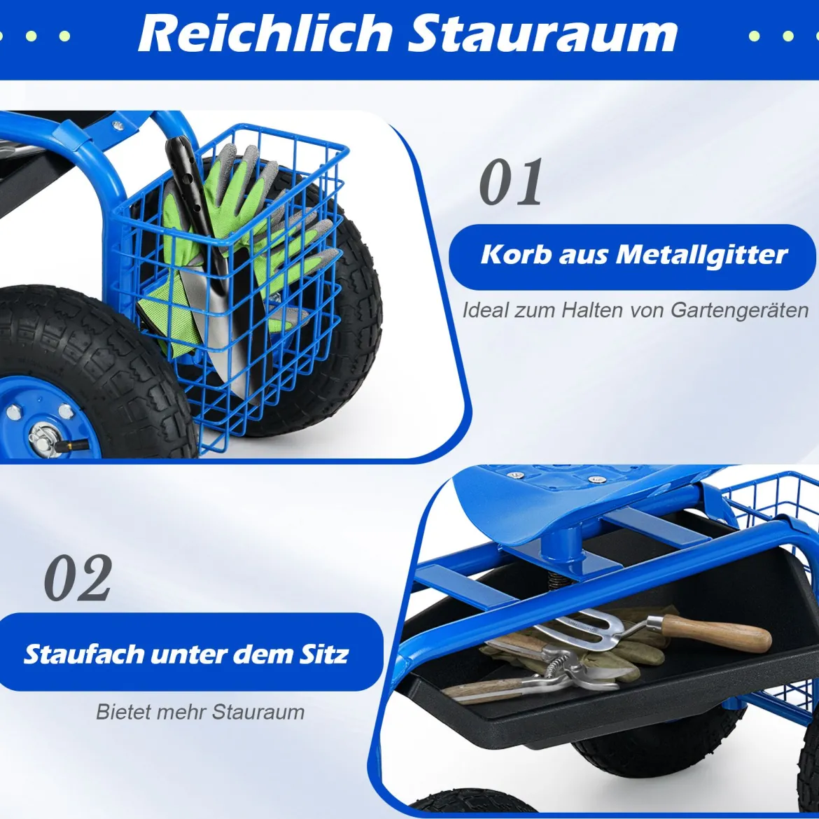 Gartensitz mit Rollen 360 ° drehbar höhenverstellbar Rollsitz mit Ablage & Korb Blau