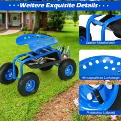 Gartensitz mit Rollen 360 ° drehbar höhenverstellbar Rollsitz mit Ablage & Korb Blau
