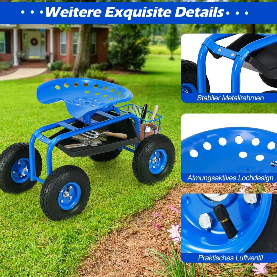 Gartensitz mit Rollen 360 ° drehbar höhenverstellbar Rollsitz mit Ablage & Korb Blau