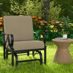 Gartenstuhl mit Schaukelfunktion & Weich Gepolstertem Kissen Schaukelstuhl Braun