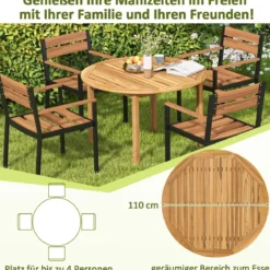 Gartentisch Akazienholz Esstisch rund für 4 Personen Bistrotisch Holztisch für Hof 110 x 110 x 75 cm Natur