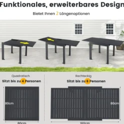 Gartentisch Aluminium ausziehbar 80/160 x 80cm Esstisch wetterfest Dunkelgrau