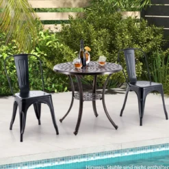 Gartentisch aus Aluminiumguss mit Schirmloch & Unterer Ablage Wetterfester Balkontisch