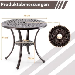 Gartentisch aus Aluminiumguss mit Schirmloch & Unterer Ablage Wetterfester Balkontisch
