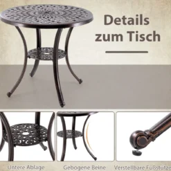 Gartentisch aus Aluminiumguss mit Schirmloch & Unterer Ablage Wetterfester Balkontisch
