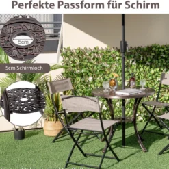 Gartentisch aus Aluminiumguss mit Schirmloch & Unterer Ablage Wetterfester Balkontisch