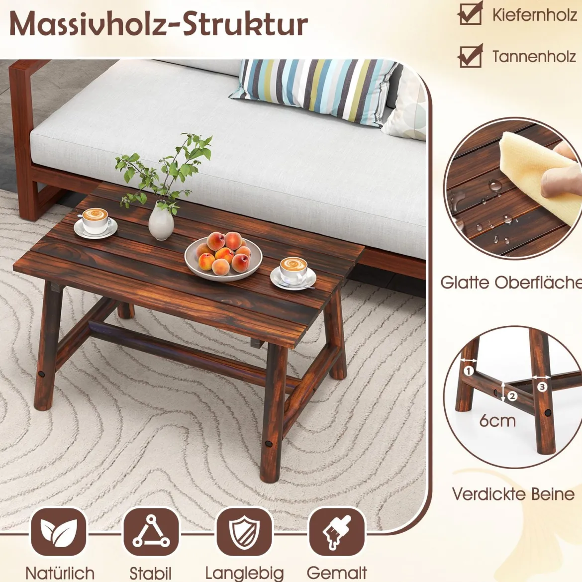 Gartentisch aus Massivholz rechteckiger Kaffeetisch mit Lattenrost Terrassentisch Balkontisch Braun