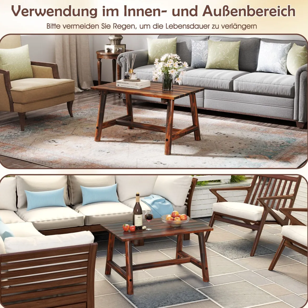 Gartentisch aus Massivholz rechteckiger Kaffeetisch mit Lattenrost Terrassentisch Balkontisch Braun