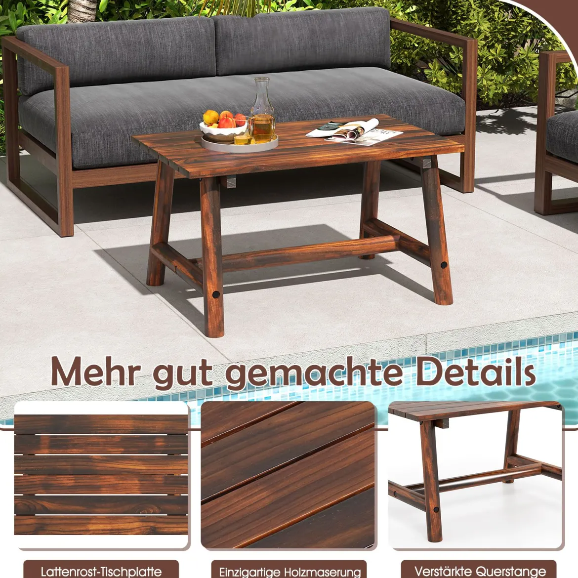 Gartentisch aus Massivholz rechteckiger Kaffeetisch mit Lattenrost Terrassentisch Balkontisch Braun