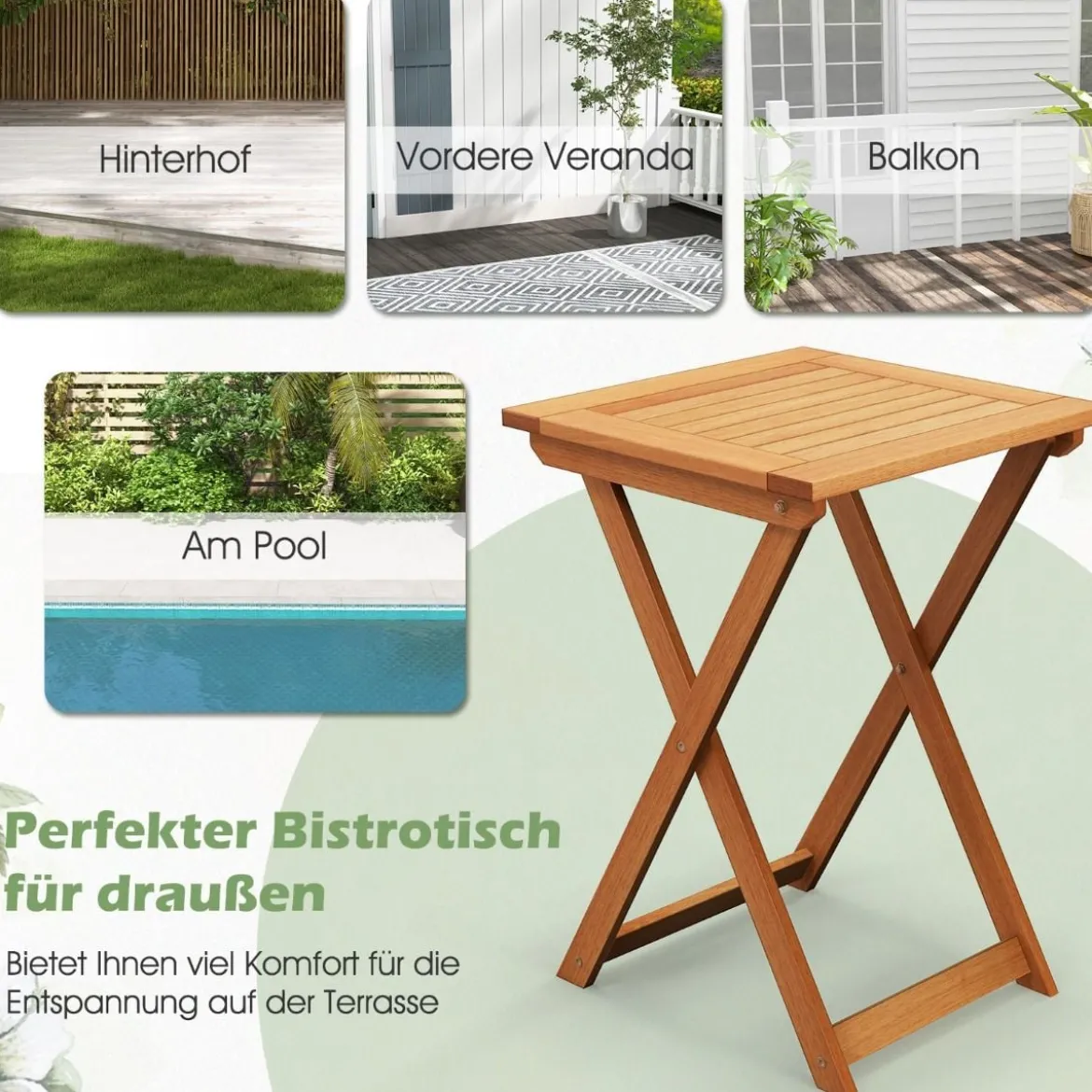 Gartentisch klappbar wetterfester Bistrotisch aus Hartholz Klapptisch quadratischer Holztisch 50 x 50 x 73,5 cm Natur