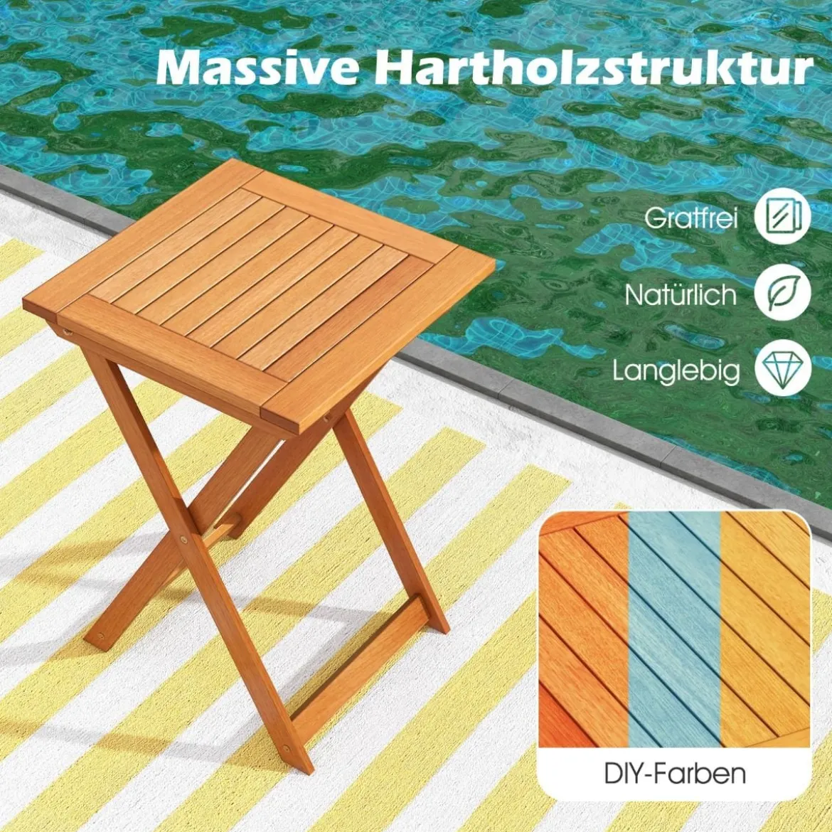 Gartentisch klappbar wetterfester Bistrotisch aus Hartholz Klapptisch quadratischer Holztisch 50 x 50 x 73,5 cm Natur