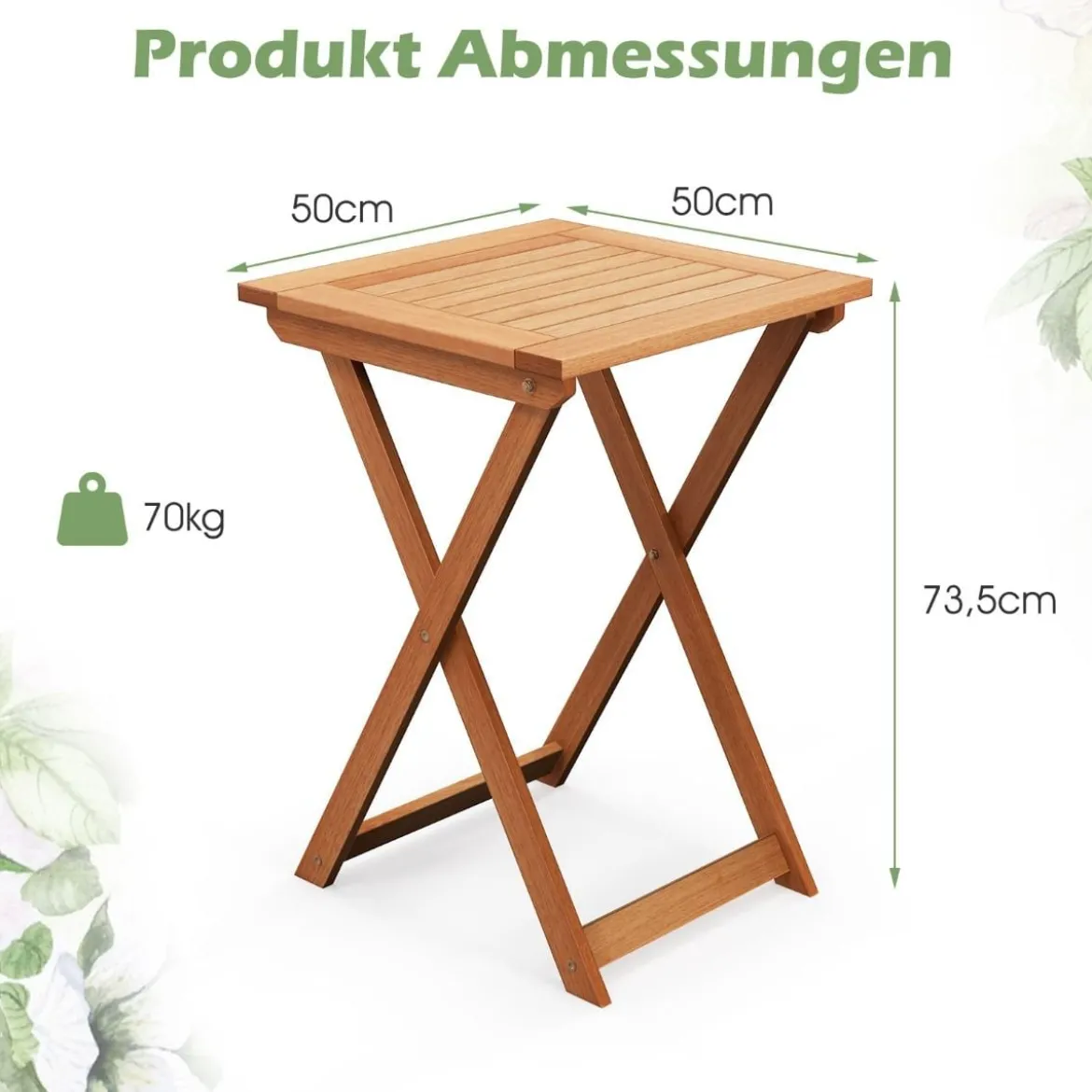 Gartentisch klappbar wetterfester Bistrotisch aus Hartholz Klapptisch quadratischer Holztisch 50 x 50 x 73,5 cm Natur