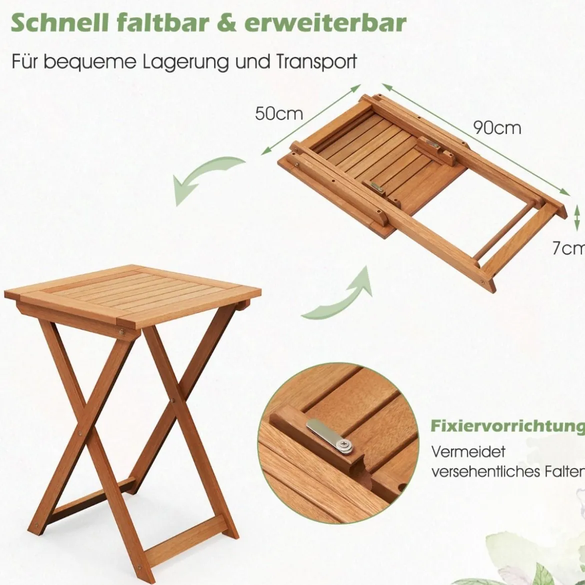 Gartentisch klappbar wetterfester Bistrotisch aus Hartholz Klapptisch quadratischer Holztisch 50 x 50 x 73,5 cm Natur