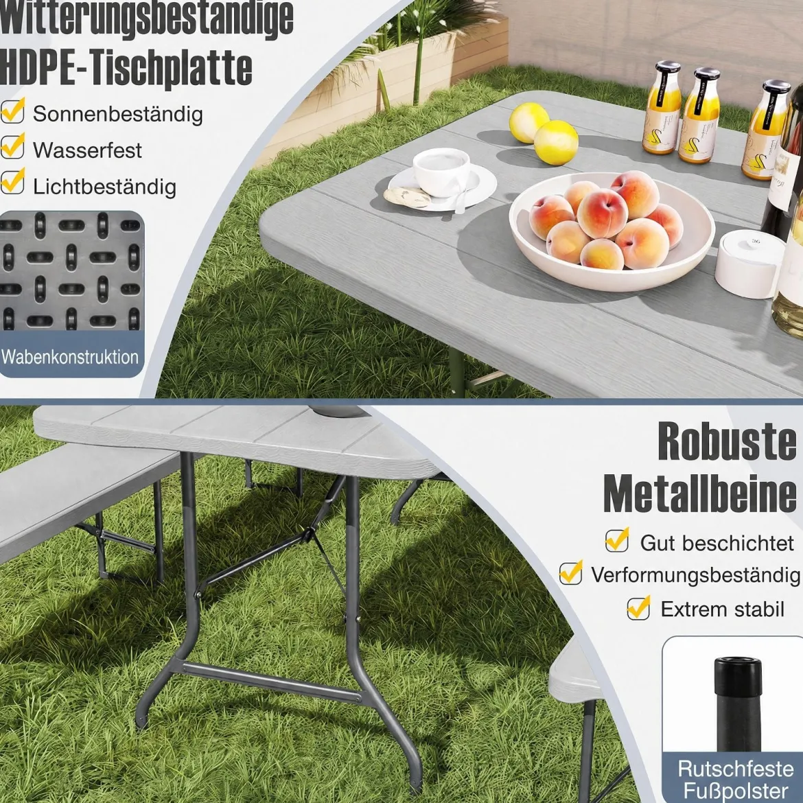 Gartentisch mit HDPE-Tischplatte & Tragegriff Klappbarer Campingtisch Balkontisch Grau