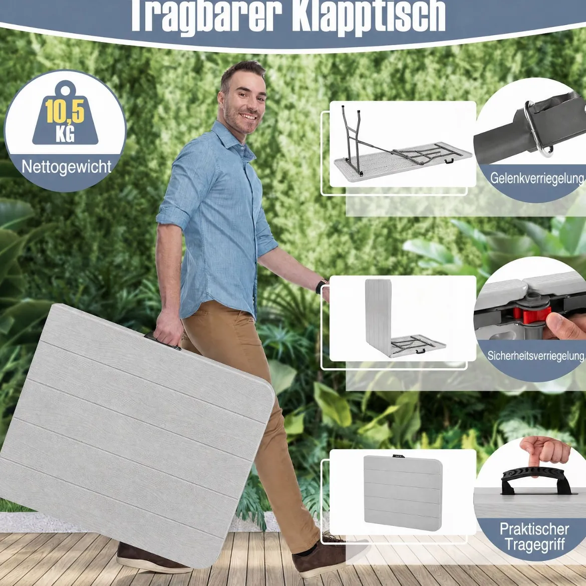Gartentisch mit HDPE-Tischplatte & Tragegriff Klappbarer Campingtisch Balkontisch Grau