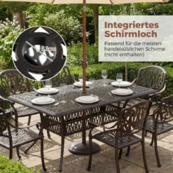 Gartentisch mit Schirmloch aus Aluminiumguss Wetterfester Terrassentisch Balkontisch 151 x 91 cm