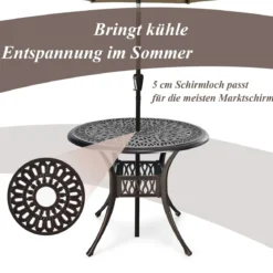 Gartentisch mit Schirmloch Ø 90 cm runder Balkontisch aus Aluminiumguss wetterfester Terrassentisch für Garten 90 x 90 x 72 cm