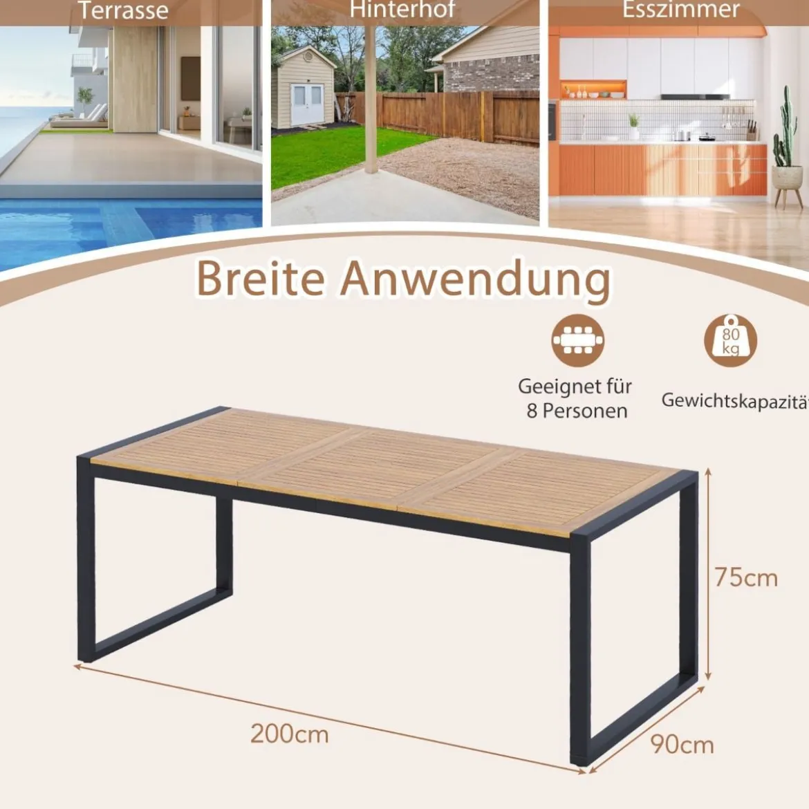 Gartentisch mit Schirmloch Rechteckiger Terrassentisch für 8 Personen Balkontisch aus Akazienholz