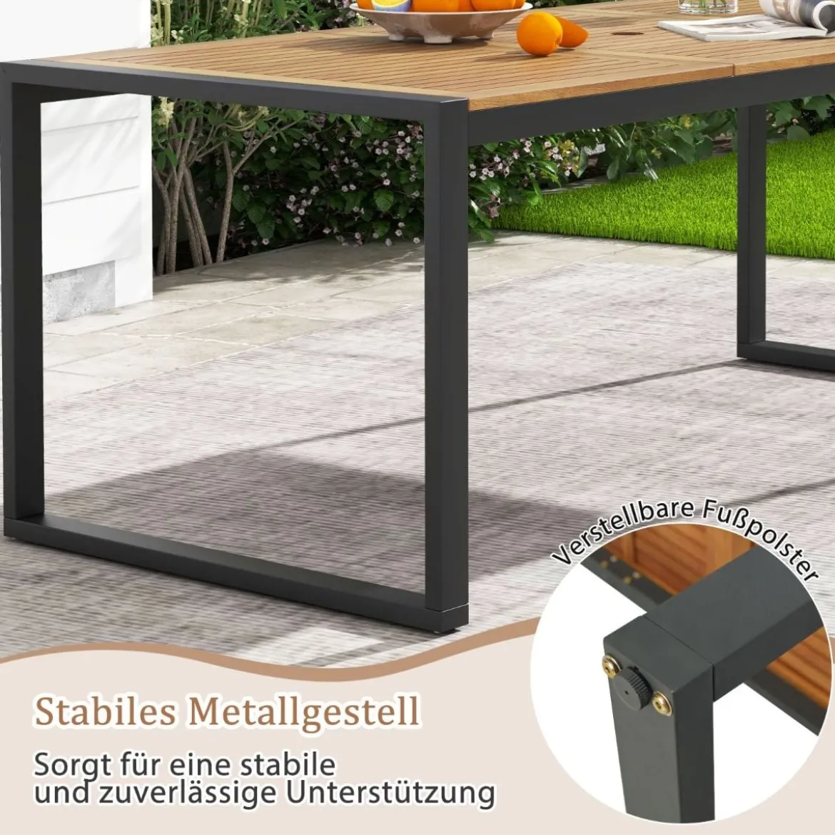 Gartentisch mit Schirmloch Rechteckiger Terrassentisch für 8 Personen Balkontisch aus Akazienholz