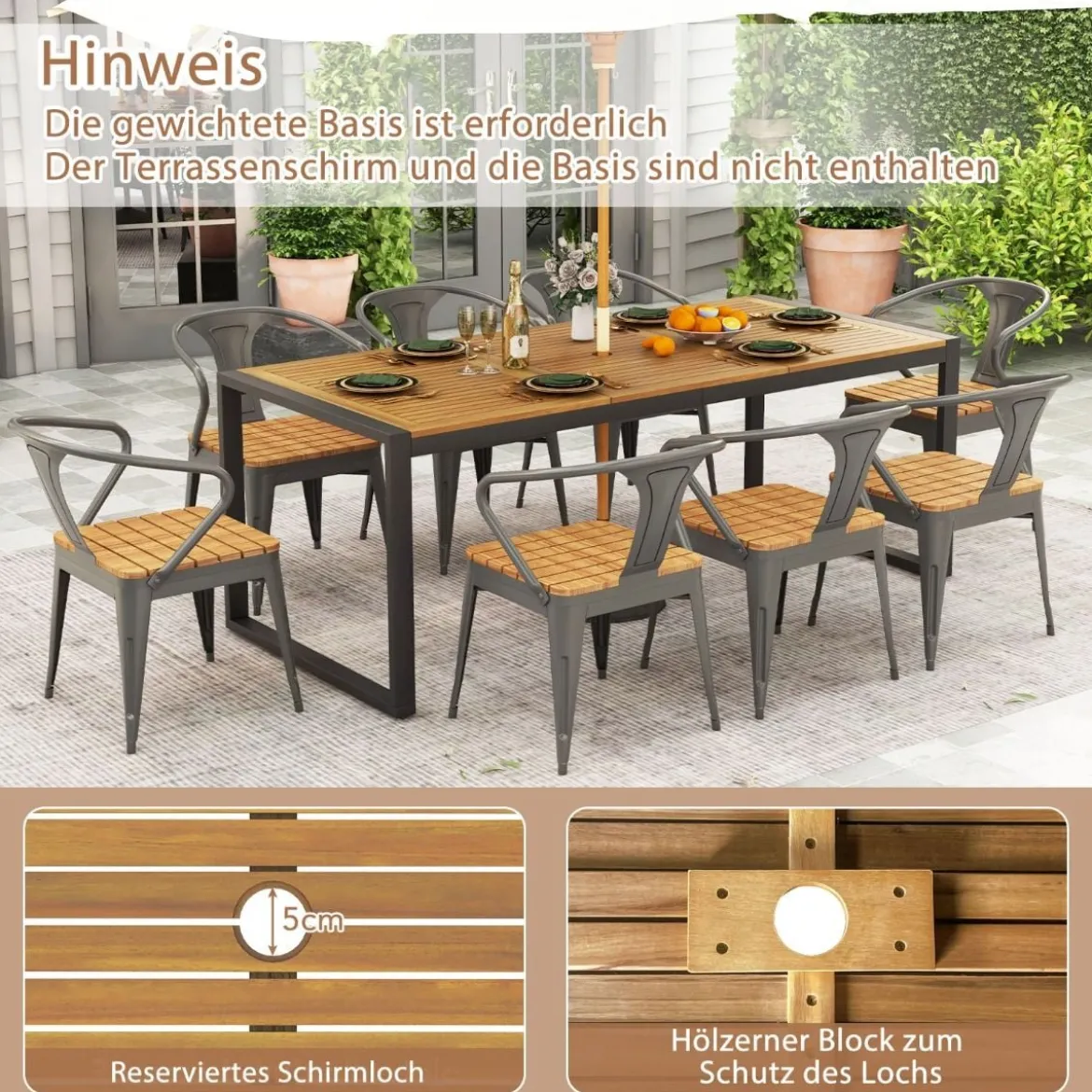 Gartentisch mit Schirmloch Rechteckiger Terrassentisch für 8 Personen Balkontisch aus Akazienholz