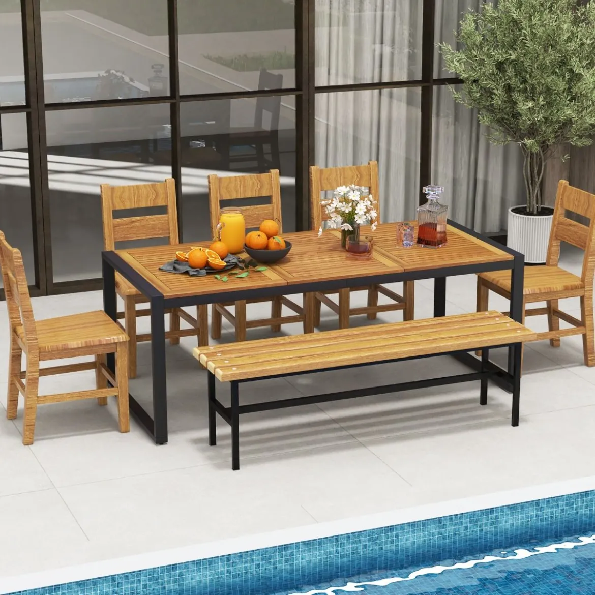 Gartentisch mit Schirmloch Rechteckiger Terrassentisch für 8 Personen Balkontisch aus Akazienholz