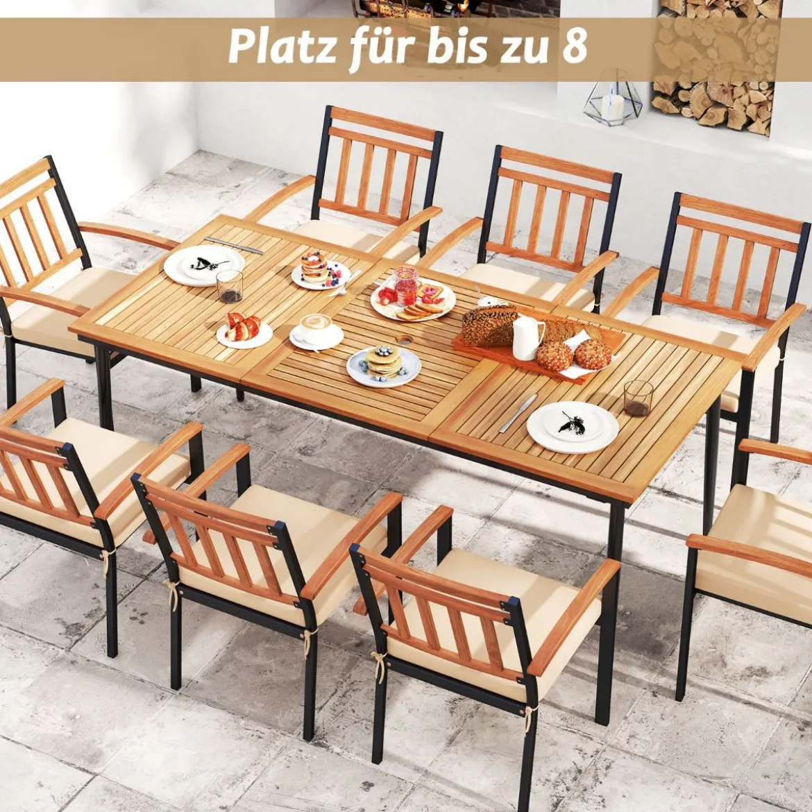 Gartentisch mit Schirmloch Terrassentisch für 8 Personen Rechteckiger Balkontisch aus Akazienholz